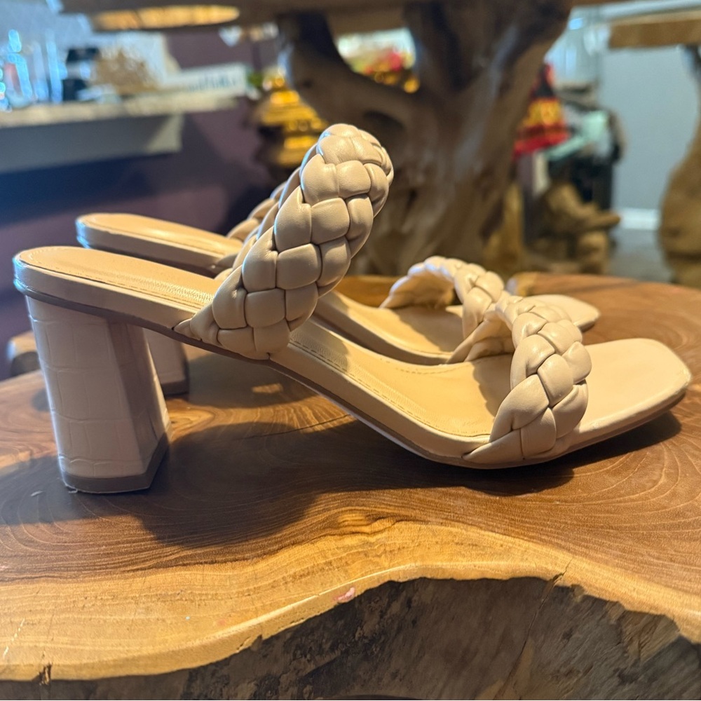 Braided Strap Block Heel Sandals - Cream